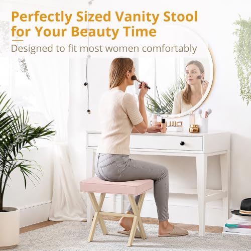 LUE BONA Vanity Stool, Square Linen Makeup Stool with Metal X Legs, Small Ottoman Stool Chair for Vanity, Modern Padded Vanity Seat Foot Rest Stool for Makeup Room, Bathroom, Pink Color - Image 4