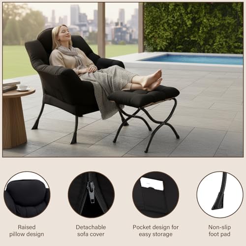 Welnow Lazy Chair with Ottoman, Reading Chair with Footrest,Matte Black - Image 5