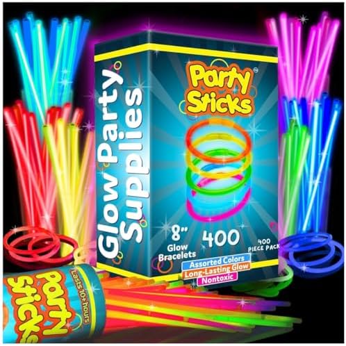 PartySticks Ultra Bright Glow Sticks Bulk Party Supplies 400 Pack - 8" Glow in the Dark Light Up Halloween Party Favors, Glow Decorations, Neon Party Necklaces and Bracelets with Connectors by PartySticks