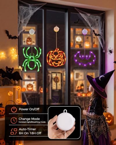 Minetom 3 Pack Halloween Windows Lights - Pumpkin, Spider, Bat with Timer - Image 2