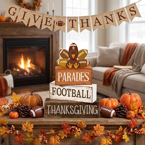 Lineshading 4 Pcs Fall Football Decor, Thanksgiving Turkey Wood Block Sign - Image 3