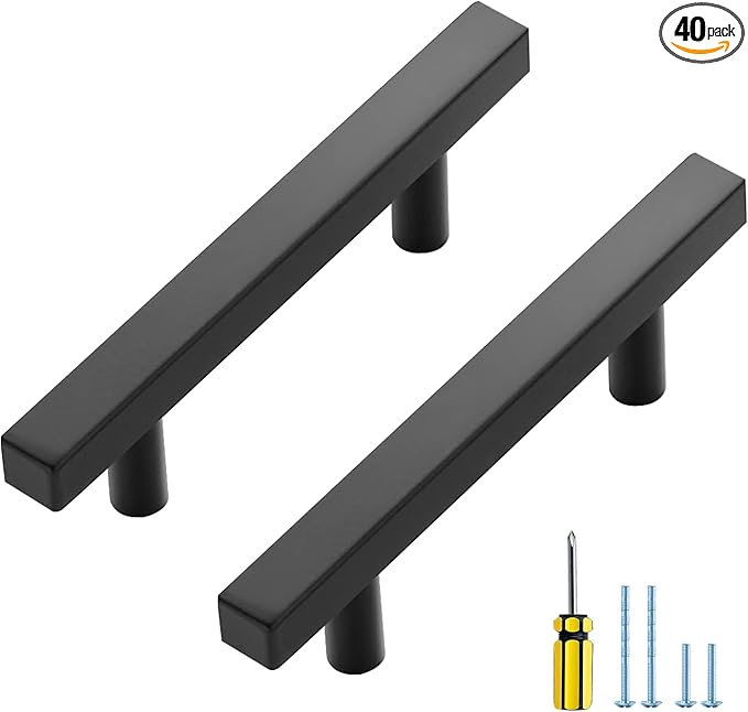 Ravinte 40 Pack Black Cabinet Handles 3 Inch Square Cabinet Pulls Matte Black Square Hardware for Kitchen Cabinets - 5 Inch Total Length