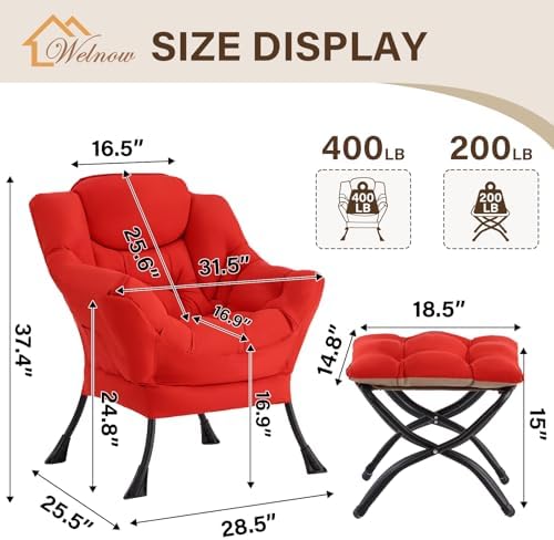 Welnow Lazy Chair with Ottoman, Reading Chair with Footrest,Red - Image 3