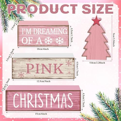 Lineshading 4 Pcs Pink Christmas Table Decor, Wooden Christmas Tree Signs - Image 3