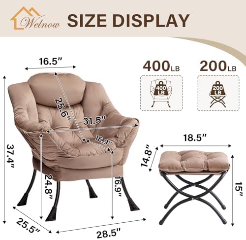 Welnow Lazy Chair with Ottoman, Reading Chair with Footrest, Light Brown - Image 3