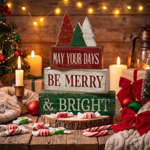 Lineshading 4 Pcs Christmas Table Decor, Wooden Tree Block Signs Home - Image 2