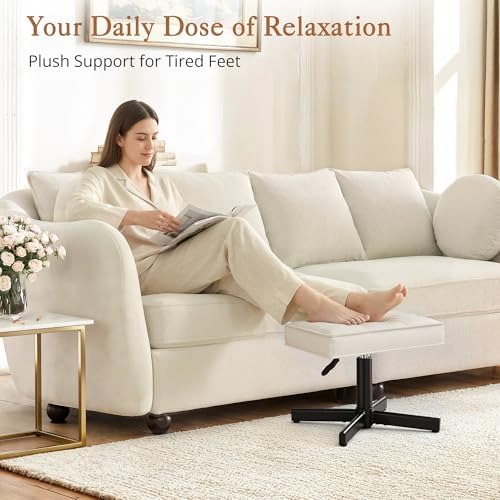 LUE BONA Adjustable Vanity Stool, 15''-19.5'' Foot Rest Under Desk, 360° Swivel Vanity Chair for Makeup Room, Cream Upholstered Faux Leather Ottoman for Bathroom & Living Room, 300lbs - Image 5