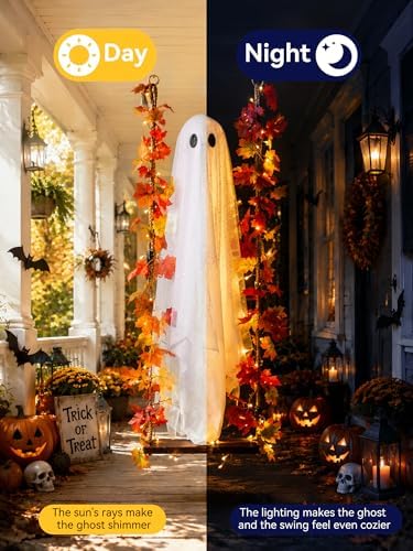 AYGXU Halloween Decorations Outdoor Indoor-5.3ft Hanging Ghost Decor with a Maple Leaf 6.6ft Swing,Ghost Light,Halloween Decor for Tree,Yard,Porch,Garden - Image 5