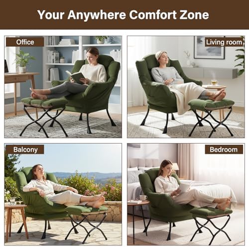 Welnow Lazy Chair with Ottoman, Reading Chair with Footrest, Army Green - Image 6