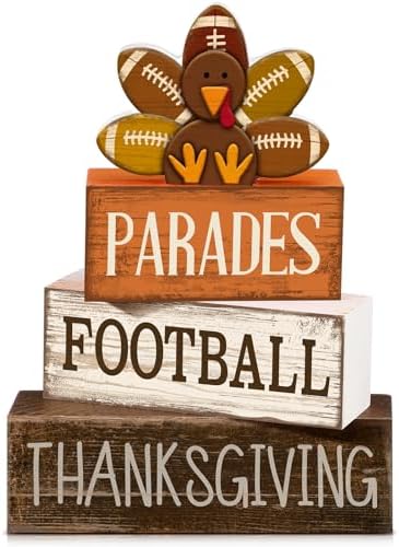 Lineshading 4 Pcs Fall Football Decor, Thanksgiving Turkey Wood Block Sign by Lineshading