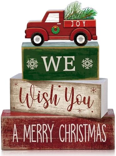 Lineshading 4 Pcs Wooden Red Truck Christmas Decor Block Signs by Lineshading