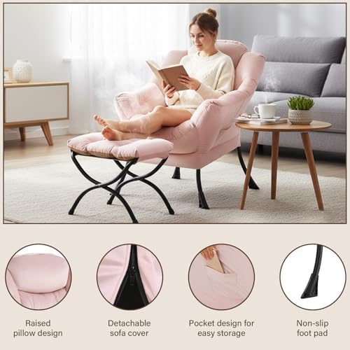 Welnow Lazy Chair with Ottoman, Reading Chair with Footrest, Pink - Image 4