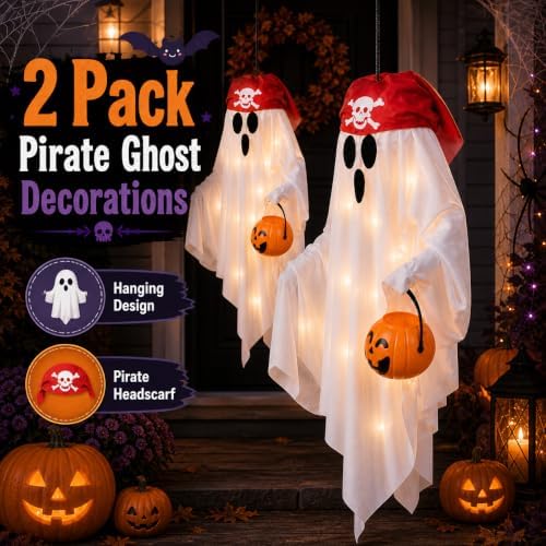 JPXH 2 Pack Hanging Pirate Ghost Decorations with Lights for Halloween - Image 2