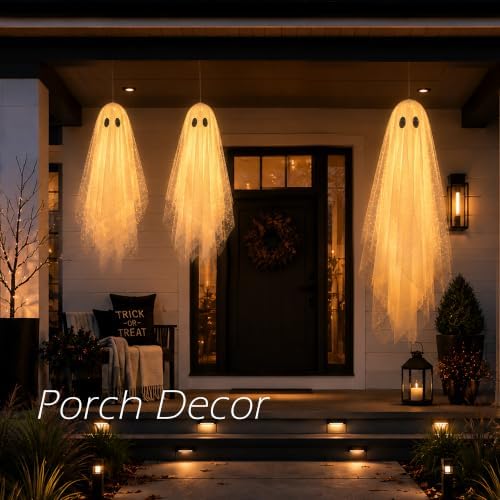 AYGXU Halloween Decorations outdoor/indoor-3pcs Hanging Ghost Decor with Light,Halloween Ornaments,Hallowee n Decor for Porch,Tree,Yard,Window,Garden - Image 2