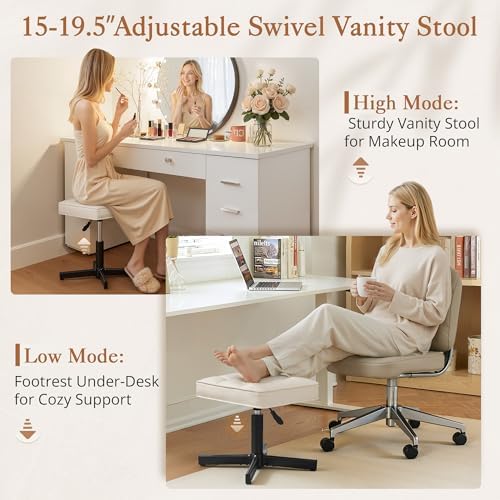 LUE BONA Adjustable Vanity Stool, 15''-19.5'' Foot Rest Under Desk, 360° Swivel Vanity Chair for Makeup Room, Cream Upholstered Faux Leather Ottoman for Bathroom & Living Room, 300lbs - Image 3