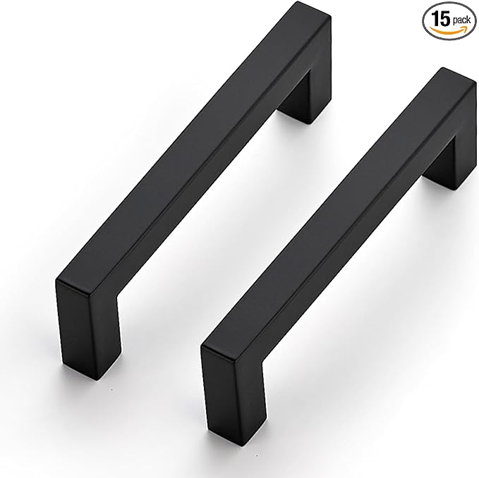 JOY DECOR 15 Pack Cabinet Handles, Black Cabinet Pulls, 3-3/4 Inch Kitchen Closet Handles Square Drawer Pulls Stainless Steel Drawer Hardware, 96mm Hole Centers