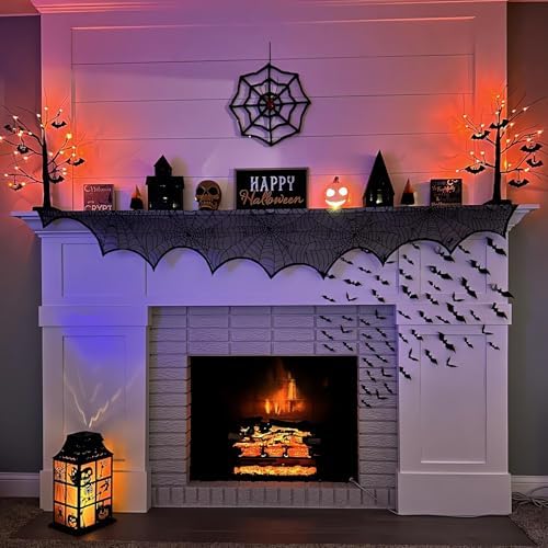 Halloween Fireplace Scarf, Black Lace Spiderweb Fireplace Mantle, Cobweb Fireplace Scarf for Halloween Party Door Window Decoration 18 x 96 inch - Image 3