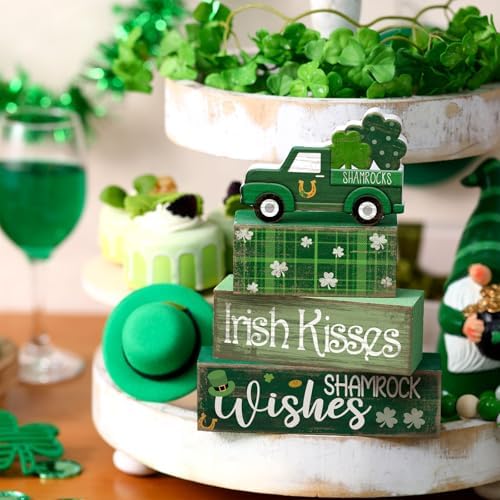 Lineshading 4 Pcs Wooden Shamrock Tiered Tray Decor St Patrick Block Signs - Image 5