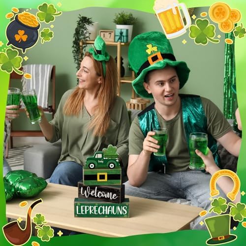 Lineshading 4 Pcs Wooden Leprechaun Block Signs Tiered Tray Decor - Image 5