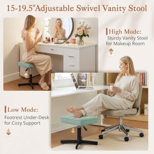 LUE BONA Adjustable Vanity Stool, 15''-19.5'' Foot Rest Under Desk, 360° Swivel Vanity Chair for Makeup Room, Green Upholstered Faux Leather Ottoman for Bathroom & Living Room, 300lbs - Image 3
