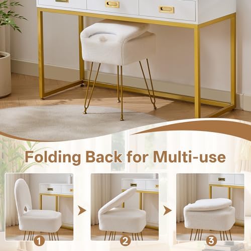 Gitrah White Vanity Chair with Storage, Folding Back Faux Fur Vanity Stool, Makeup Ottoman with Gold Legs for Bedroom/Bathroom - Image 4