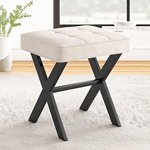 LUE BONA Ottoman Foot Stool Vanity Stool, Square Linen X-Leg Foot Rest Ottoman Makeup Stool, Small Stool Chair for Vanity, Modern Padded Vanity Seat for Makeup Room, Living Room, Bathroom, Linen Color by LUEBONA