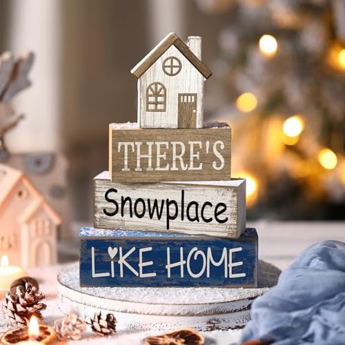Lineshading 4 Pcs Wood Block Signs Farmhouse Tiered Tray Stacked House - Image 2
