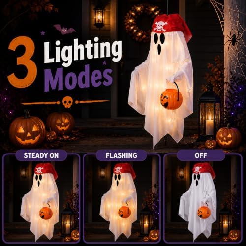 JPXH 2 Pack Hanging Pirate Ghost Decorations with Lights for Halloween - Image 3