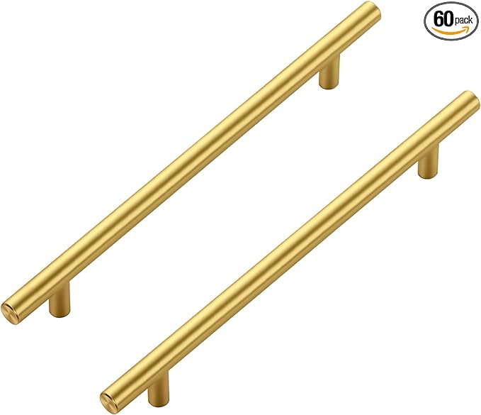 JOY DECOR 60 Pack Cabinet Handles, Gold Cabinet Pulls, 7-1/2 in Hole Center Kitchen Cabinet Handles, Stainless Steel T Bar Handles for Dresser Drawers