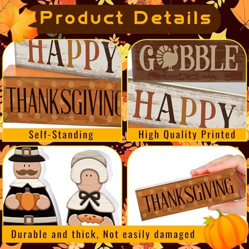 Lineshading 4 Pcs Thanksgiving Pilgrim Decor Wooden Block Signs Tray Set - Image 5