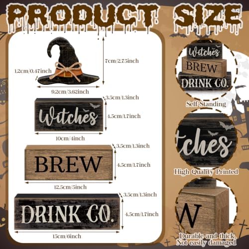 Lineshading 4 Pcs Halloween Witch Wood Block Signs, Tiered Tray Decor - Image 3