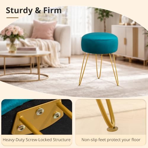 LUE BONA Vanity Stool, Teal Vanity Stools for Makeup Room, Round Ottoman Foot Stool, Velvet Footrest Vanity Chair for Bathroom Vanity, Bedroom, Living Room, Entryway, Offices, 300lbs - Image 5