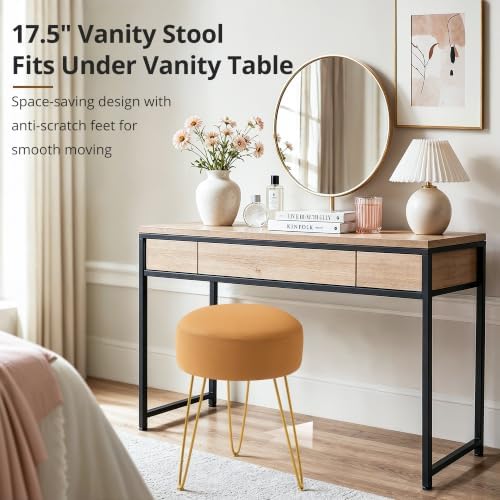 LUE BONA Vanity Stool, Mustard Yellow Vanity Stools for Makeup Room, Round Ottoman Foot Stool, Suede Footrest Vanity Chair for Bathroom Vanity, Bedroom, Living Room, Entryway, Offices - Image 4