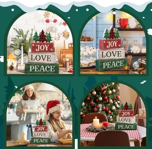Lineshading 4 Pcs Christmas Table Decor Christmas Tree Block Signs Joy Love - Image 4