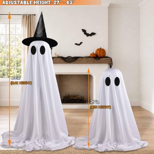 2 Pack Halloween Ghost Decorations, Light Up Ghosts with Witch Hat and Remote Control String Lights, Spooky DIY Ghost Kit for Outdoor Halloween Decorations Porch Yard Garden Lawn Indoor Party - Image 3