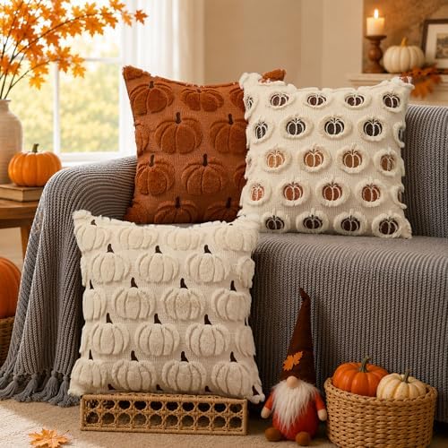 DFXSZ Fall Pillow Covers 18x18 2Pcs Beige Brown Pumpkin Fall Decorations - Image 4