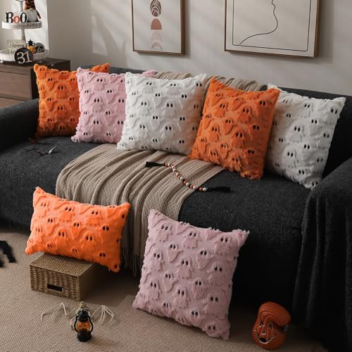 DFXSZ Halloween Pillow Covers 12x20 inch 2Pcs Orange Ghost Halloween Decor - Image 5