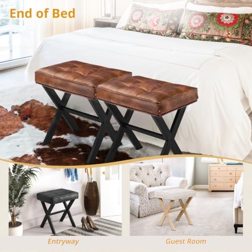 LUE BONA Vanity Stool, Square Faux Leather Makeup Stool with Metal X Legs, Small Ottoman Stool Chair for Vanity, Modern Padded Vanity Seat Foot Rest Stool for Makeup Room, Living Room, Reddish Brown - Image 5