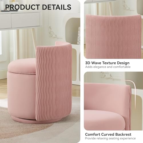 WUTUTUEE Velvet Vanity Chair with Storage, 360° Swivel Makeup Chair with Wave Back, No Assembly Small Accent Stool for Bedroom, Dressing, Living Room, Pink - Image 3