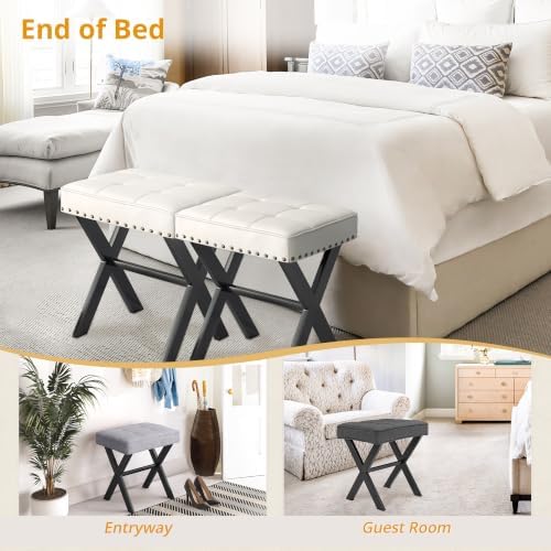 LUE BONA White Vanity Stool - Square Faux Leather Makeup Seat With Metal X Legs, Small Ottoman Chair for Makeup Room, Living Room, Bathroom - Padded Foot Rest - Image 6