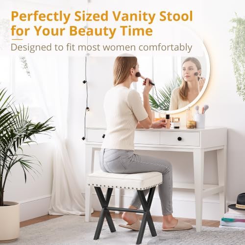 LUE BONA White Vanity Stool - Square Faux Leather Makeup Seat With Metal X Legs, Small Ottoman Chair for Makeup Room, Living Room, Bathroom - Padded Foot Rest - Image 3