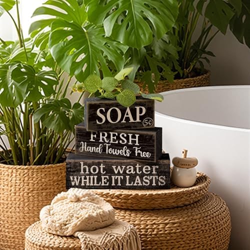 Lineshading 4 Pcs Wooden Bathroom Block Signs, Farmhouse Shelf Decor - Image 5