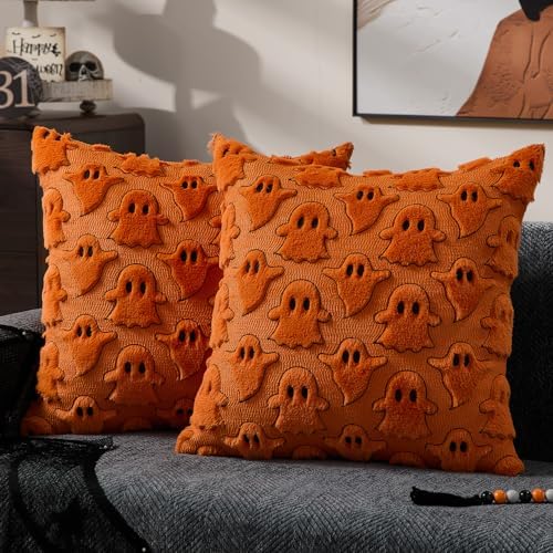 DFXSZ Halloween Pillow Covers 18x18 inch 2Pcs Orange Black Ghost Halloween Decor by DFXSZ