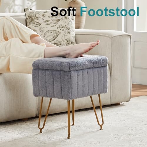 DUMOS Vanity Storage Ottoman Stool, Compact Faux Fur Footstool with Soft Seat, Modern Cute with 4 Metal Legs & Adjustable Feet for Bedroom, Living Room, Dressing Area & Dorm Grey - Image 6