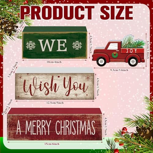 Lineshading 4 Pcs Wooden Red Truck Christmas Decor Block Signs - Image 3