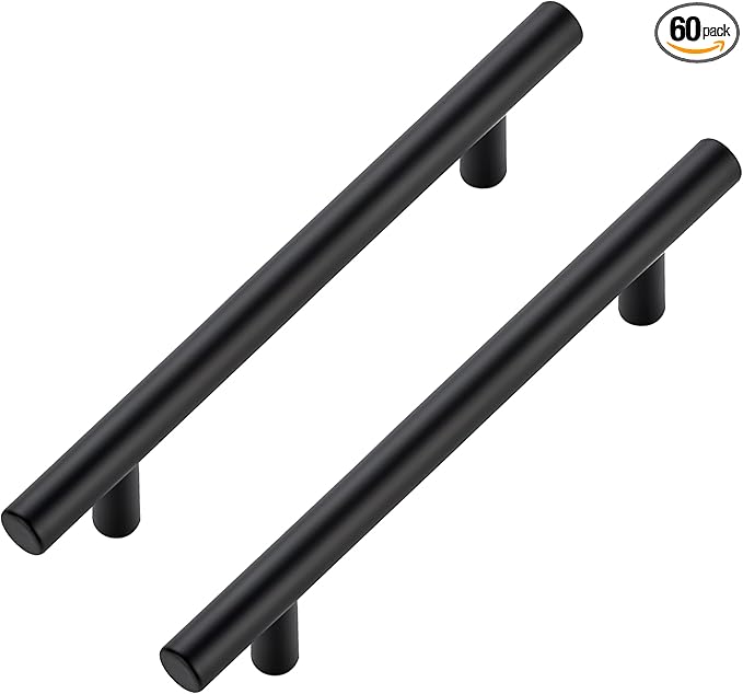 JOY DECOR 60 Pack Cabinet Handles, Black Cabinet Pulls, 5 in Hole Center Kitchen Hardware, Stainless Steel T Bar Handles for Dresser Drawers