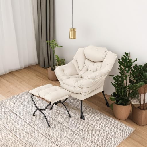 Welnow Lazy Chair with Ottoman, Reading Chair with Footrest, Off‑White - Image 2