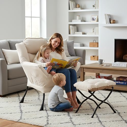 Welnow Lazy Chair with Ottoman, Reading Chair with Footrest, Beige - Image 2