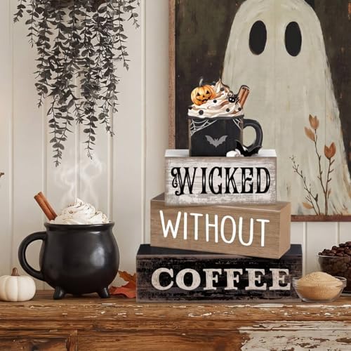Lineshading 4 Pcs Halloween Coffee Table Decor, Gothic Black Wood Sign Home - Image 5