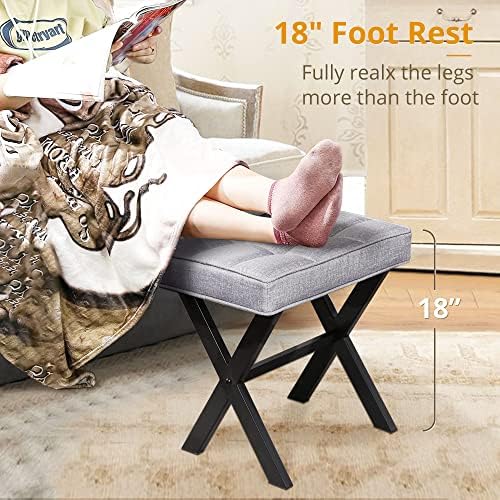 LUE BONA Vanity Stool - Square Linen Makeup Seat With Metal X Legs, Small Ottoman Chair for Makeup Room, Living Room, Bathroom - Modern Padded Foot Rest, Dark Gray - Image 4